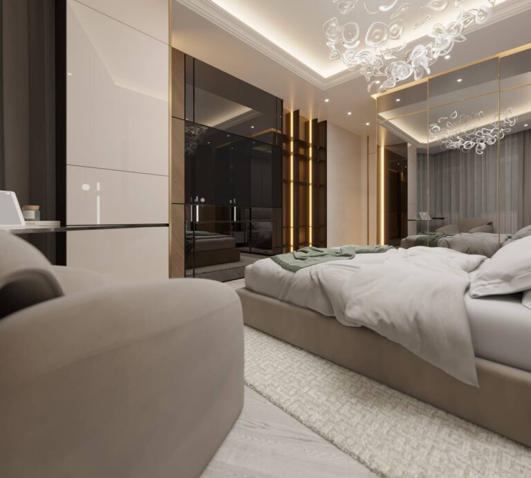 Дизайн спальни с красивой люстрой и подсветкой