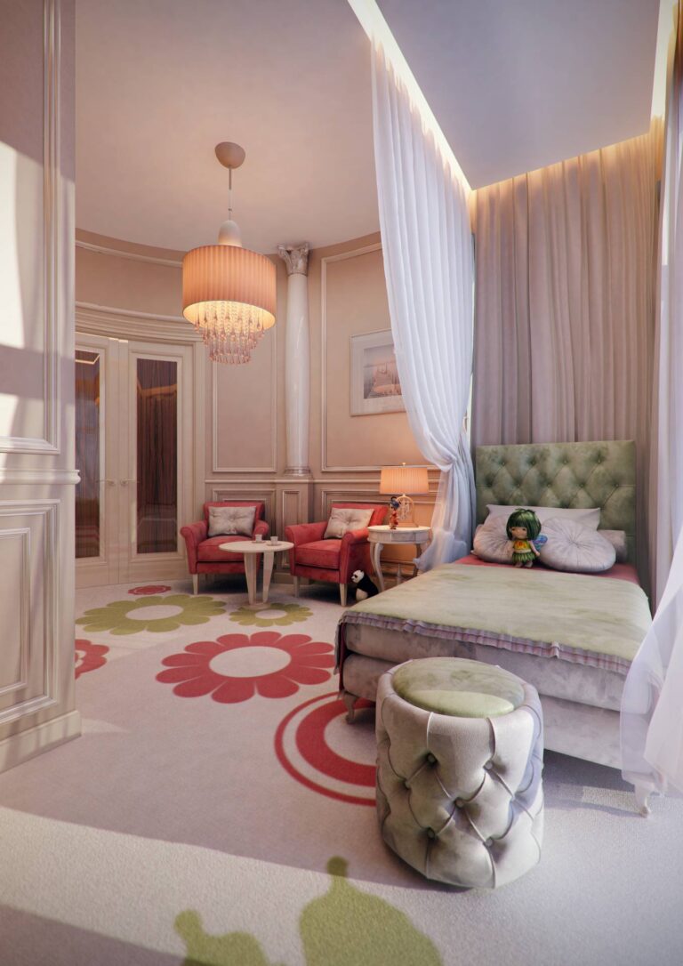 Кровать, пуф, кресла и столик в дизайне детской