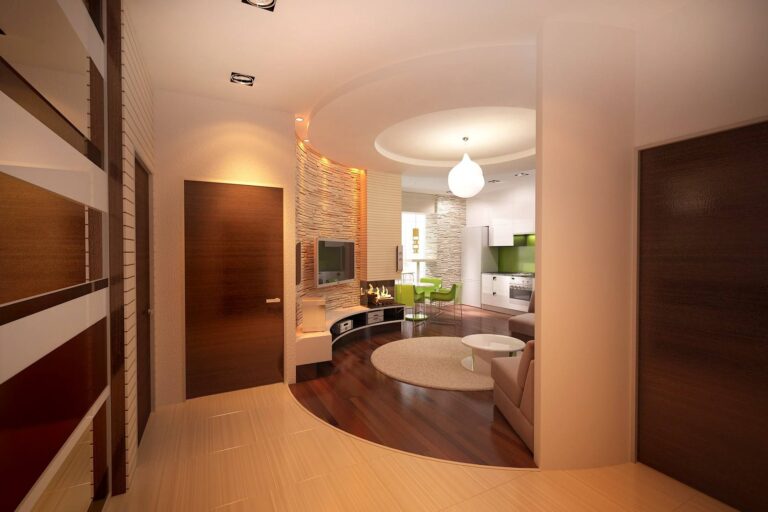 Оригинальный дизайн гостиной с округлыми стенами