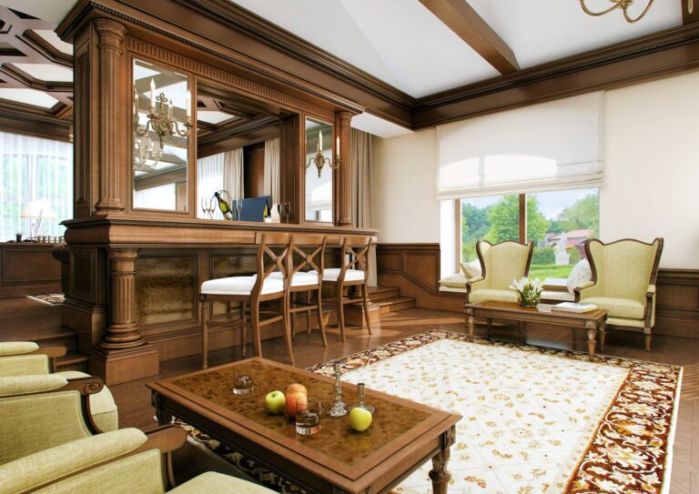 Светло-салатовые кресла, бар и столики в обустройстве зоны отдыха бильярдной