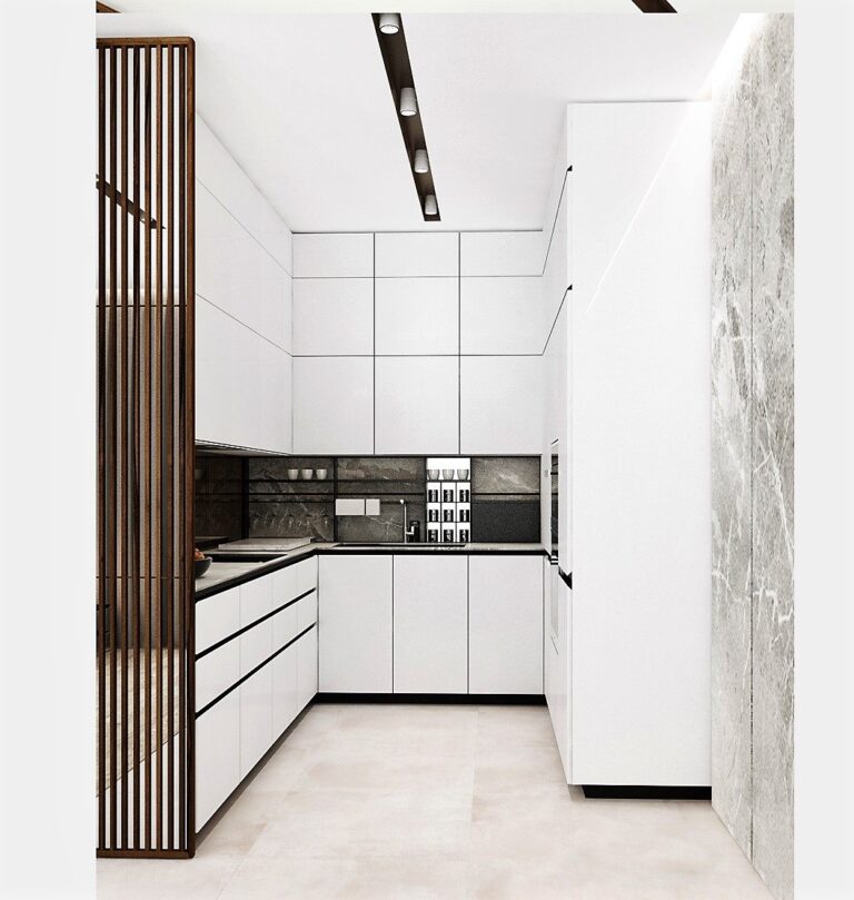 Белая кухня с темно-серой мраморной отделкой