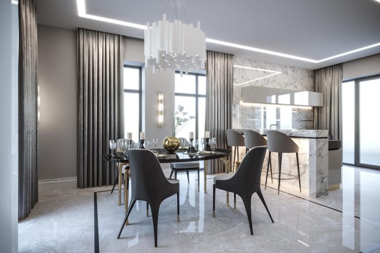 Барная стойка из белого мрамора с подсветкой в дизайне столовой