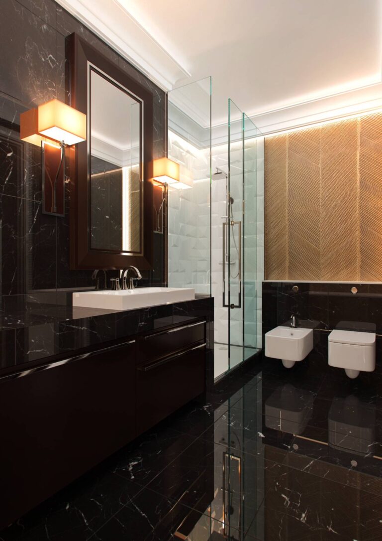 Дизайн ванной комнаты в темно-коричневом цвете