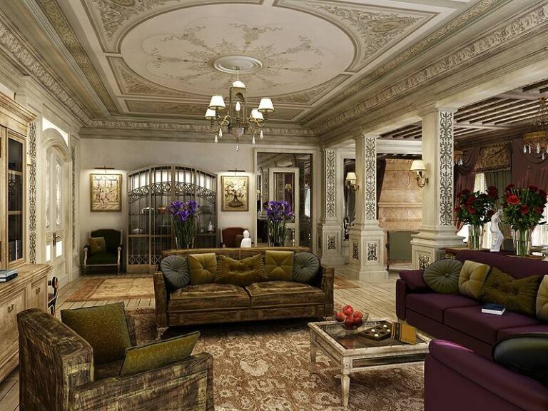 Преобладание нежного орнамента в интерьере гостиной