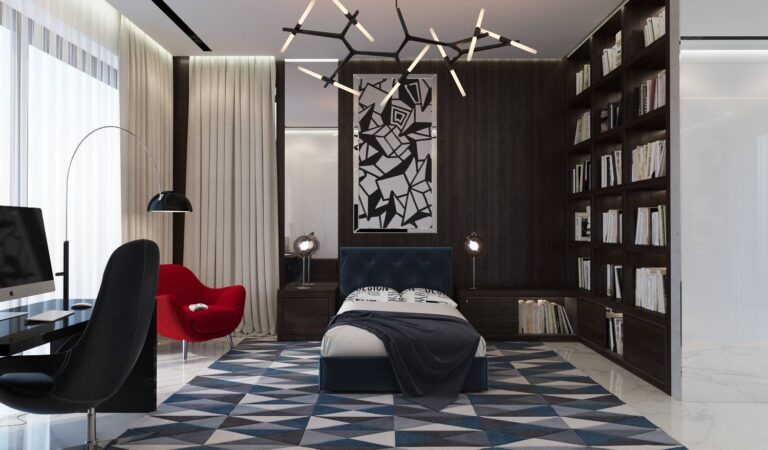 Открытый книжный шкаф в интерьере современной спальни