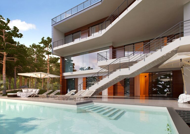 Дизайн открытых террас и лестниц во внутреннем дворе дома