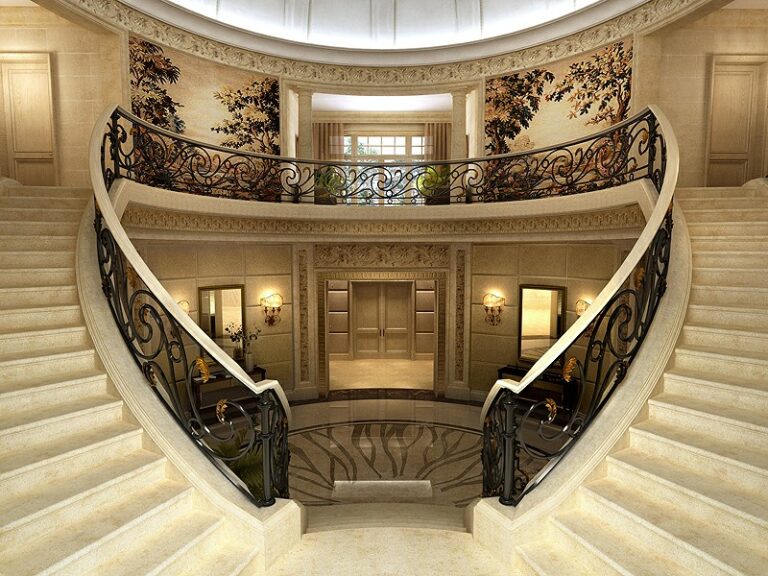 Дизайн лестницы с кованным рисунком черных перил