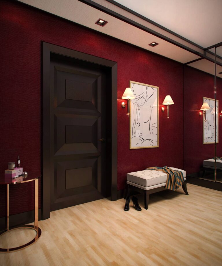 Интерьер прихожей с сочетаниями бордового и бежевого цветов