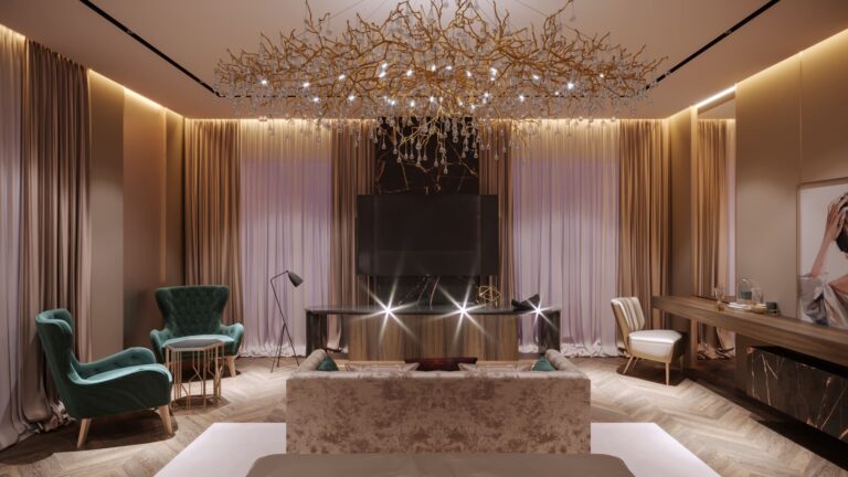 Дизайн спальни с современной люстрой в виде веточек