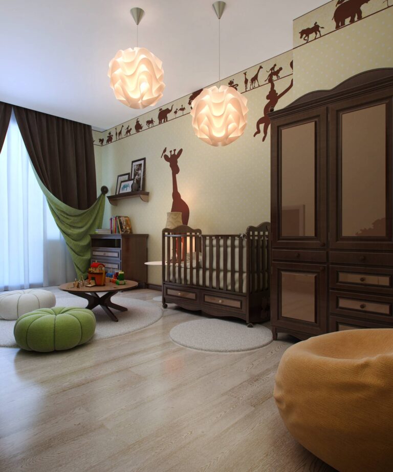 Песочный и коричневый оттенки в дизайне просторной детской