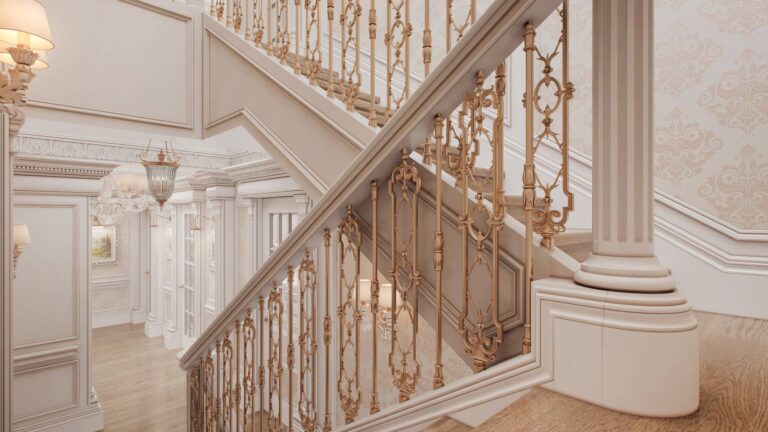 Изящные балясины из полированной латуни в дизайне лестницы