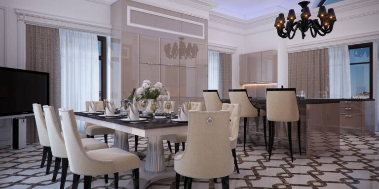 Светлые стулья и коричневый текстиль в дизайне кухни