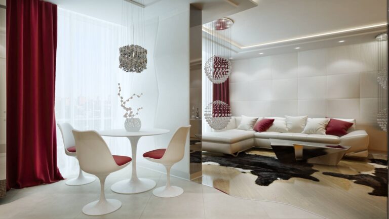 Фото интерьера столовой в бело-бордовых тонах