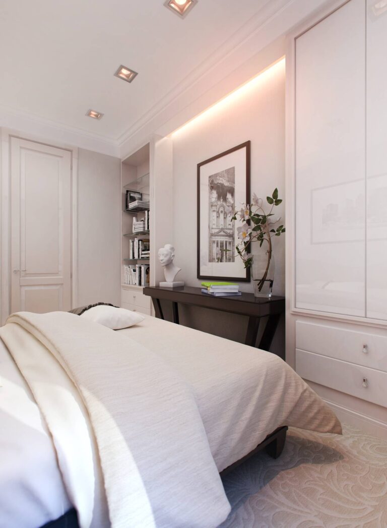 Скрытая подсветка в центральной части в дизайне спальни