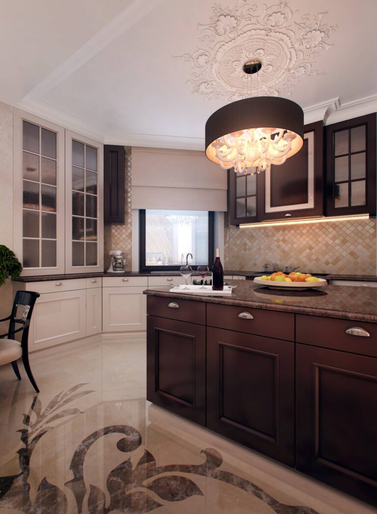 Дизайн кухни в бело-коричневых тонах