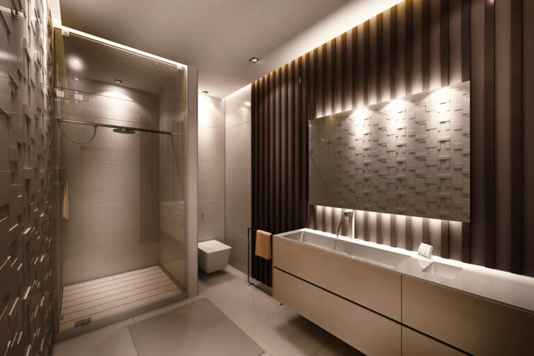 Интерьер офисного санузла в бежево-коричневой гамме