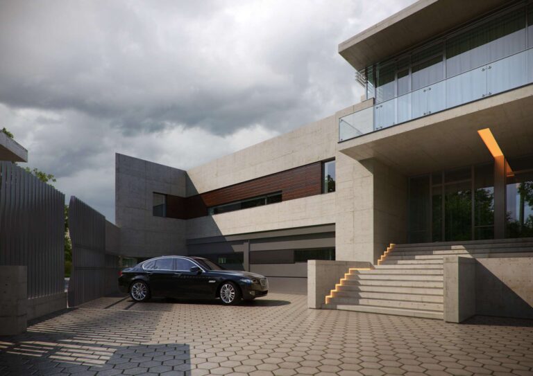 Передний фасад с балконом и площадкой для автомобиля из тротуарной плитки