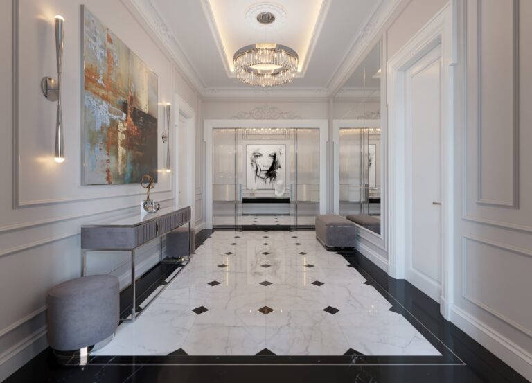 Дизайн интерьера большого холла с консолью и пуфами