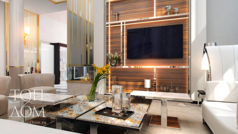 Дизайн гостиной с красиво оформленной зоной ТВ