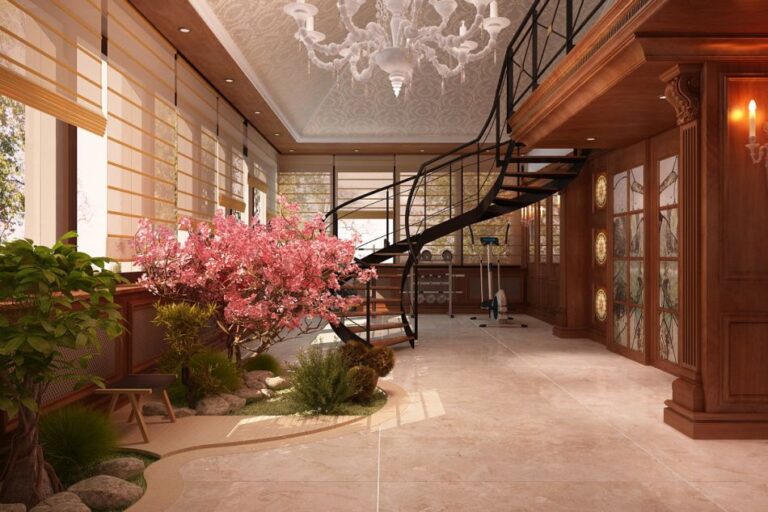 Дизайн первого этажа с глянцевым бело-розовым полом и зимним садом