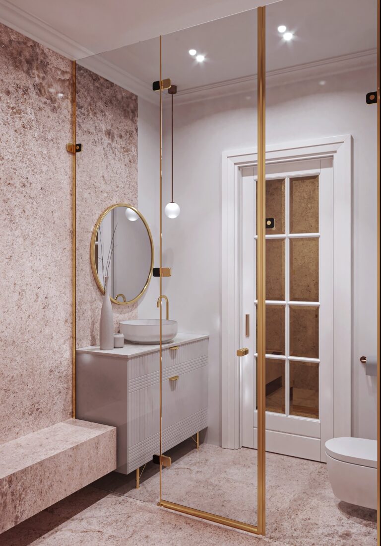 Интерьер санузла с круглым зеркалом