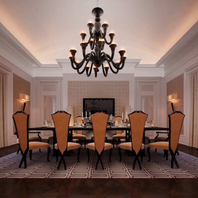 Выразительный дизайн столовой с черно-карамельной мебелью