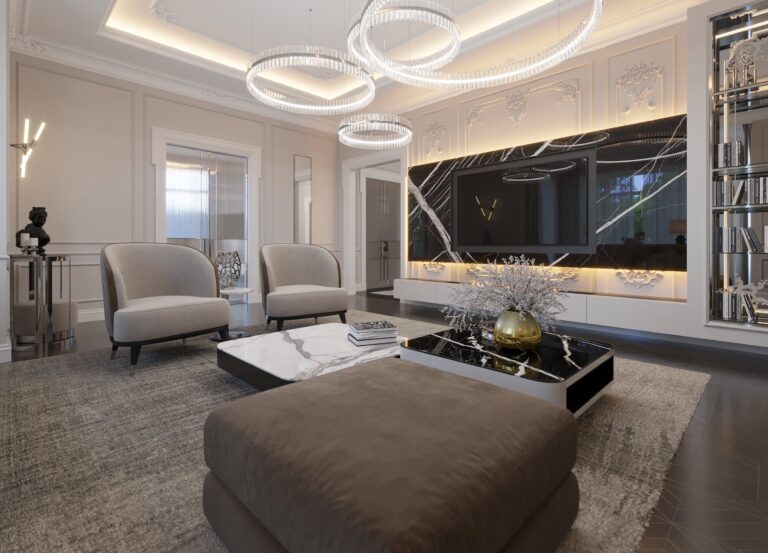 Бежевый интерьер с золотой вазой