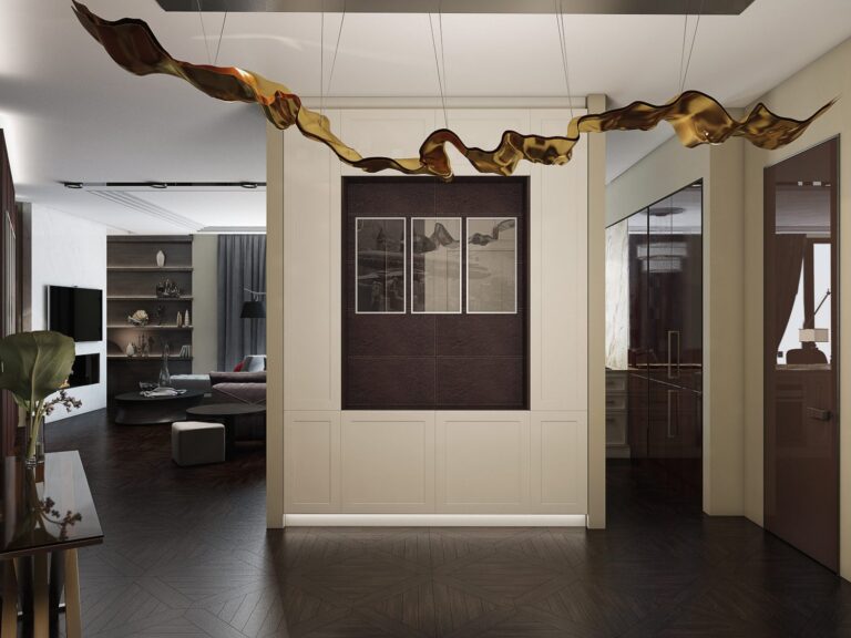 Холл с дизайнерской позолоченной светодиодной люстрой