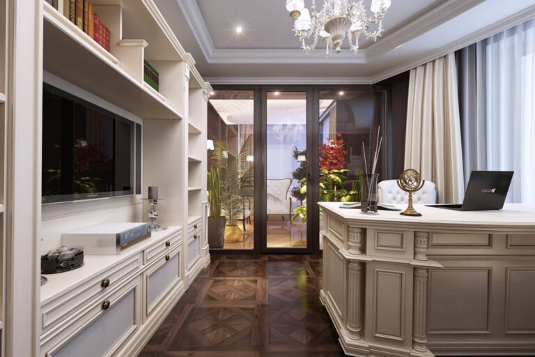 Фото интерьера кабинета с бежевой мебелью и темным полом