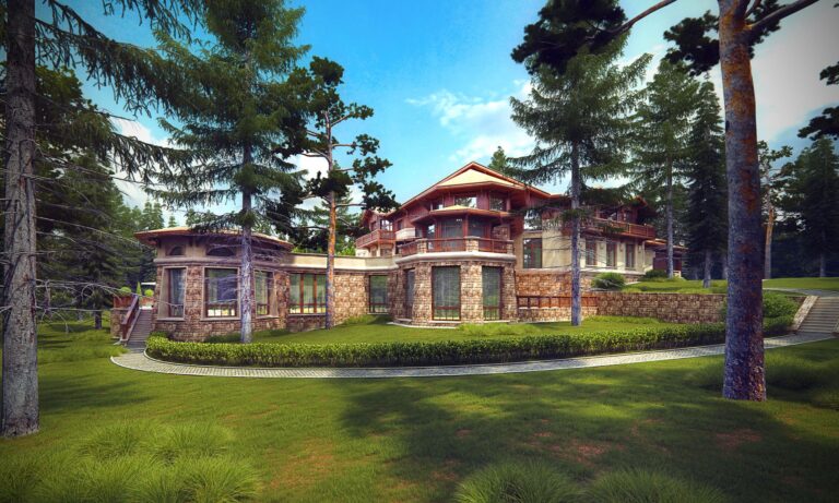 Светлая отделка и природный камень в фасаде дома шале