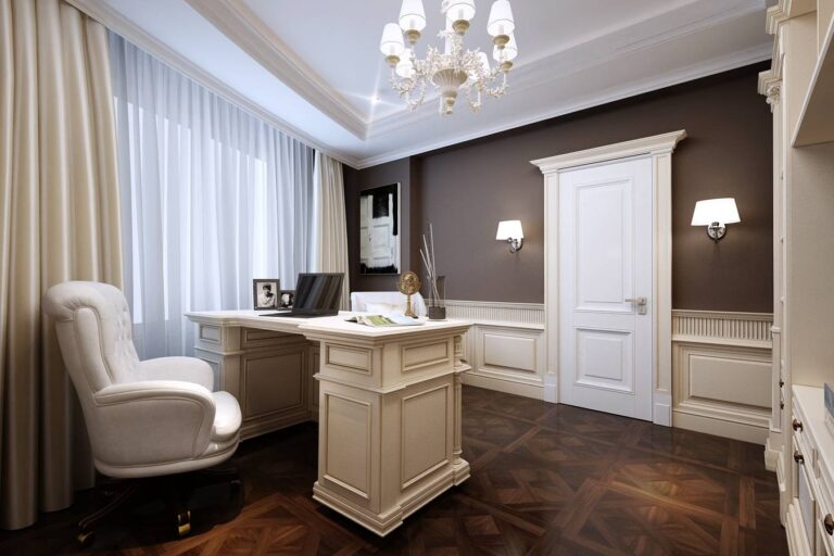 Фото кабинета с темными стенами и светлой мебелью