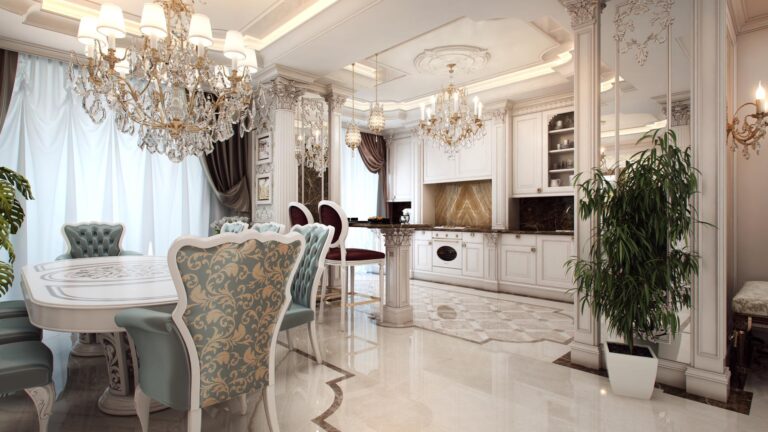 Интерьер классической столовой и кухни с хрустальными люстрами