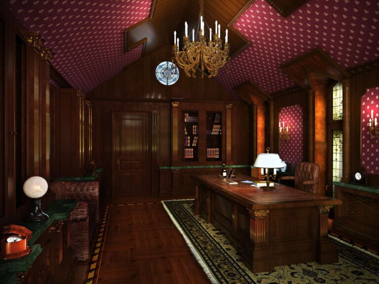 Бронзовая люстра с лампочками-свечами в интерьере кабинета