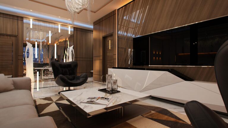 Декор гостиной с блестящей мебелью и мраморными полами