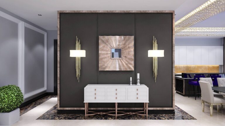 Прихожая со светлой мебелью и стеной темного цвета