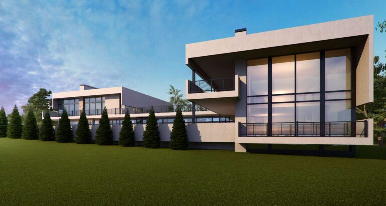 Галерея и панорамные окна на левом фасаде дома в светлой отделке, металле и стекле