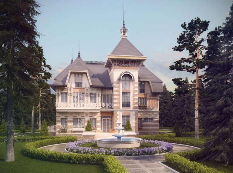 Лепнина на фронтальном фасаде из белого кирпича и натурального камня