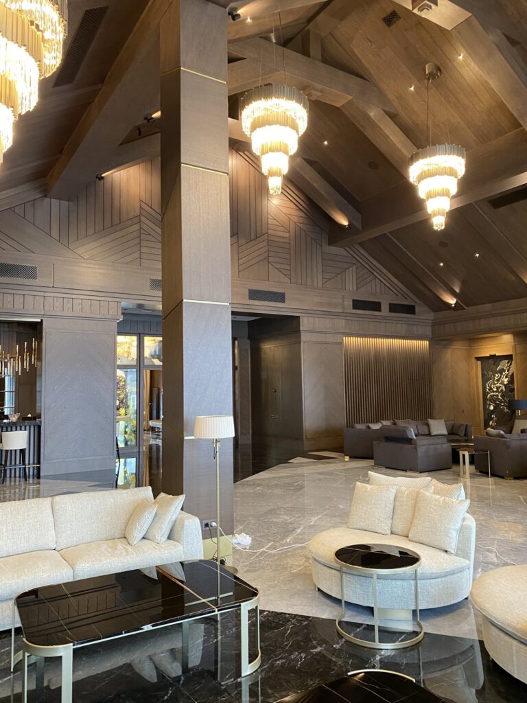 Интерьер с колоннами из массива дерева