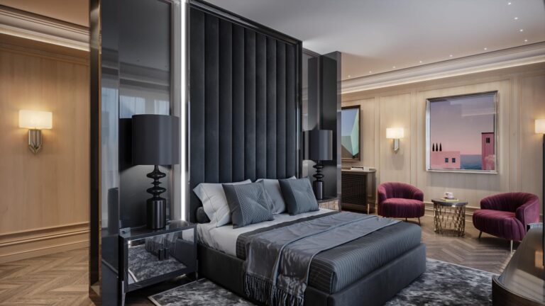 Прикроватные тумбы с зеркальной отделкой в дизайне графитовой спальни