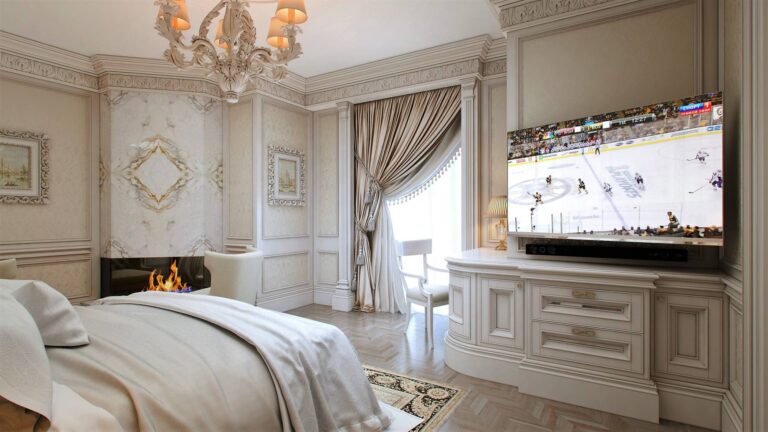 Художественный дизайн спальни в светлых пастельных тонах с камином