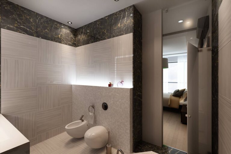 Интерьер туалета в бежевом и темно-сером цвете