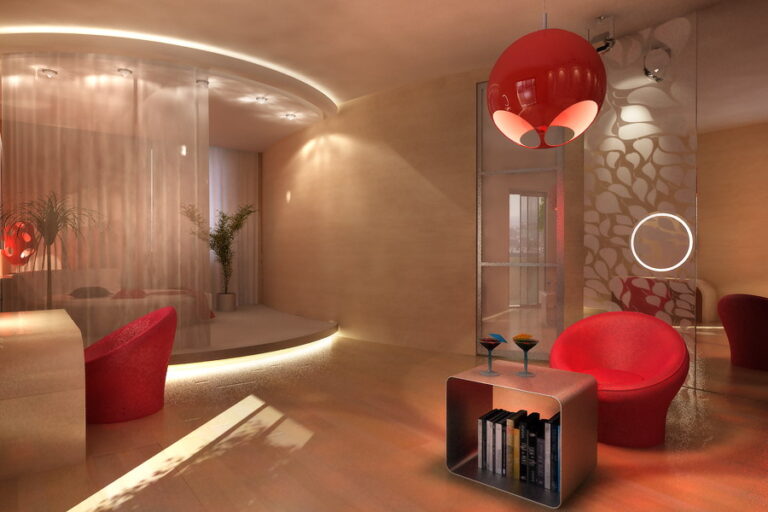 Интерьер светлой спальни с красными вставками