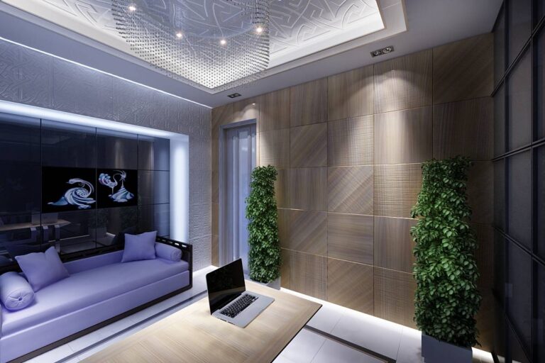 Необычный дизайн кабинета с коричневой стеной из дерева