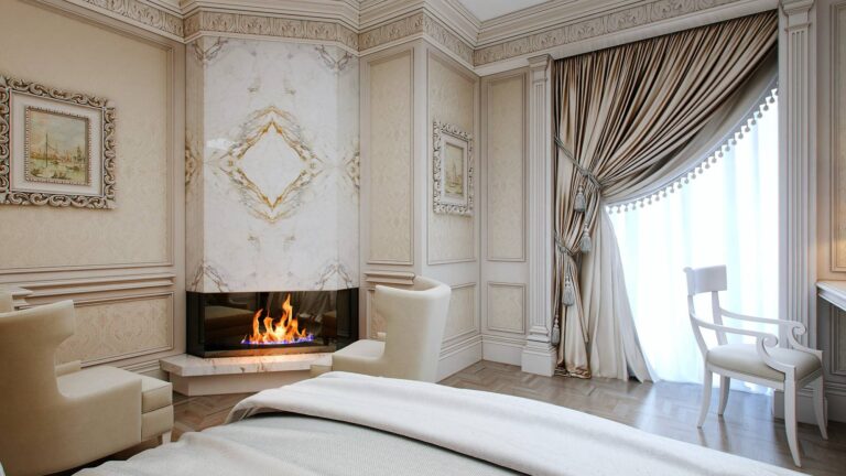 Декоративная мраморная отделка в дизайне углового камина