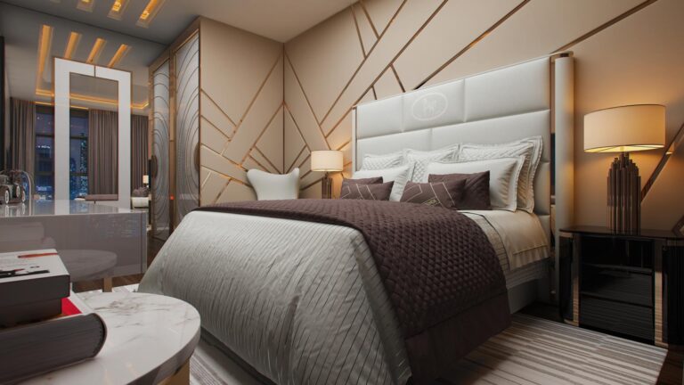 Блестящие поверхности в переливающемся дизайне спальни