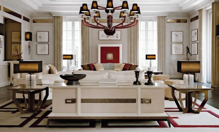 Интерьер гостиной с красивой элитной мебелью и светом