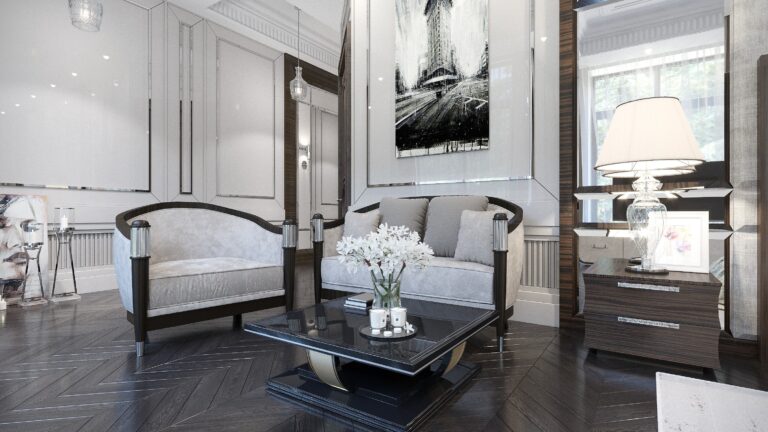 Спальня с глянцевыми белыми стеновыми панелями в хромированной окантовке