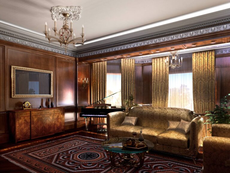 Дизайн гостиной с золотистым узорным текстилем