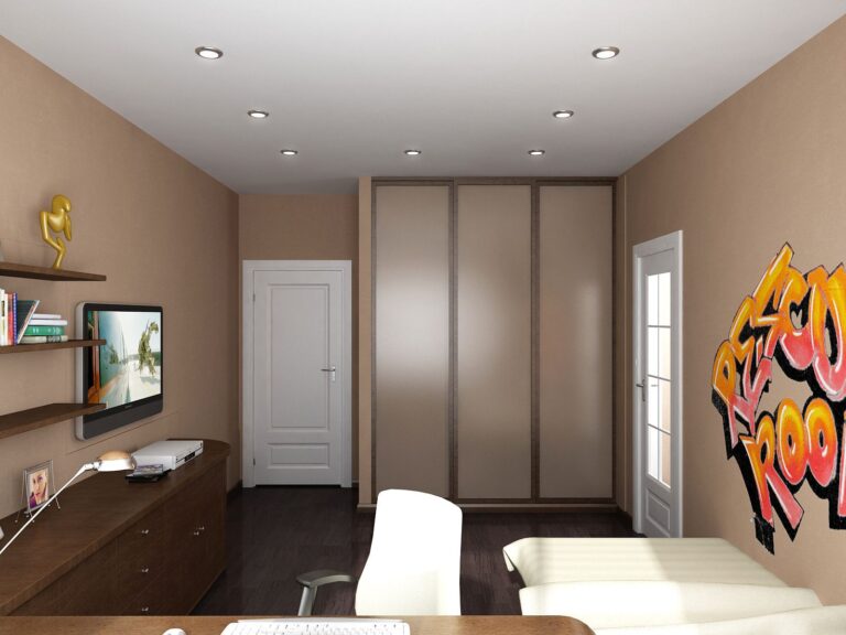 Дизайн детской в коричневых тонах с большим шкафом-купе