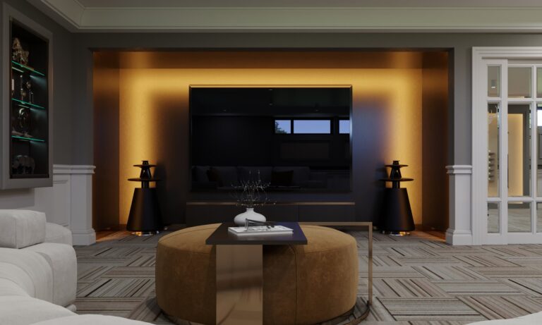 Интерьер гостиной в цокольном этаже дома